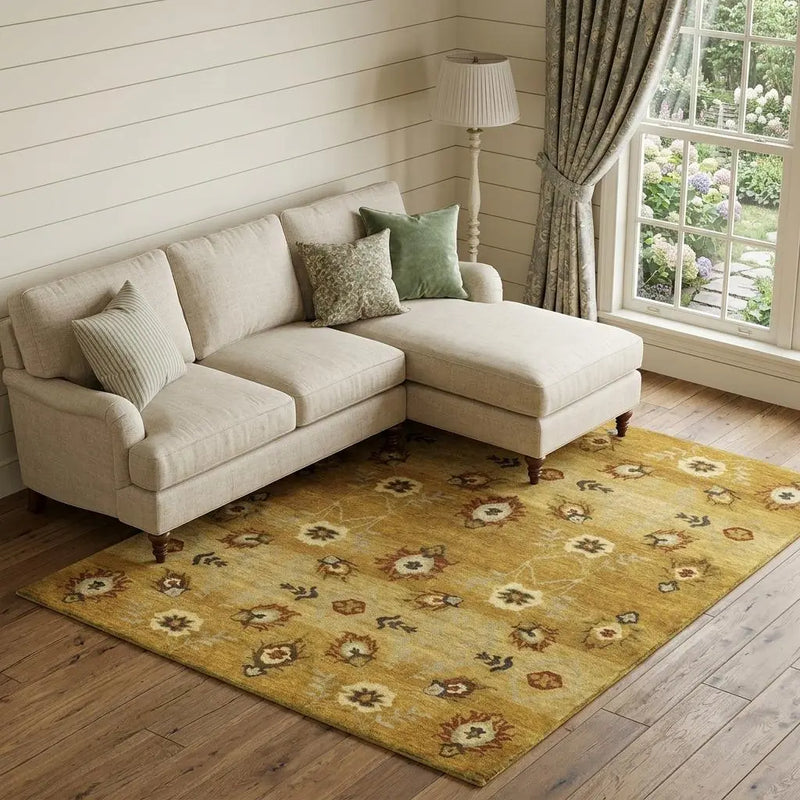8' X 10' Gold Tan And Red Wool Floral Hand Knotted Area Rug Homeroots Home Decor