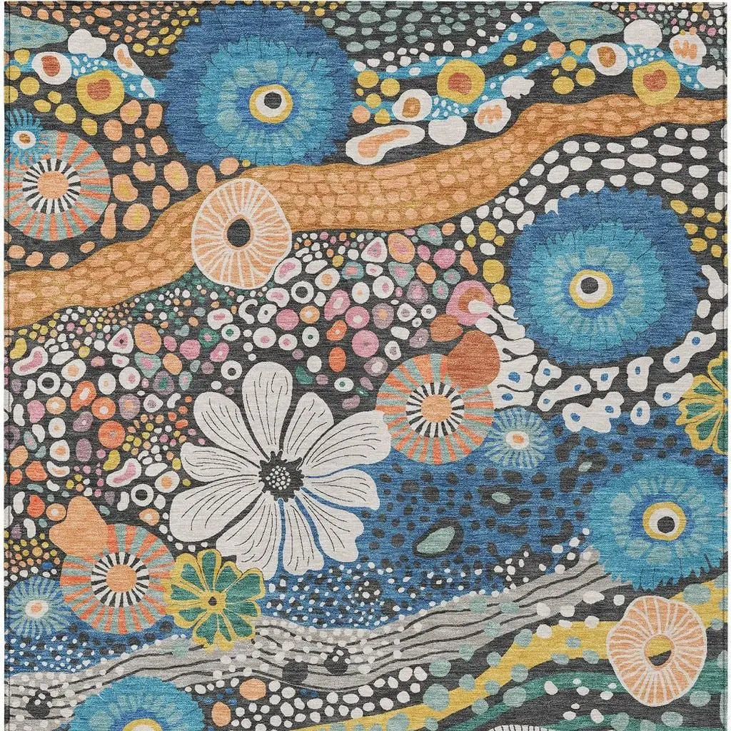 8' X 10' Granite Gray And Navy Blue Floral Washable Indoor Outdoor Area Rug Homeroots Outdoor