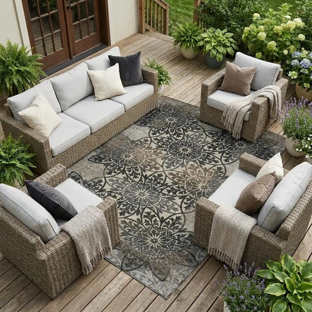 8' X 10' Graphite And Gray Oriental Washable Indoor Outdoor Area Rug Homeroots Outdoor