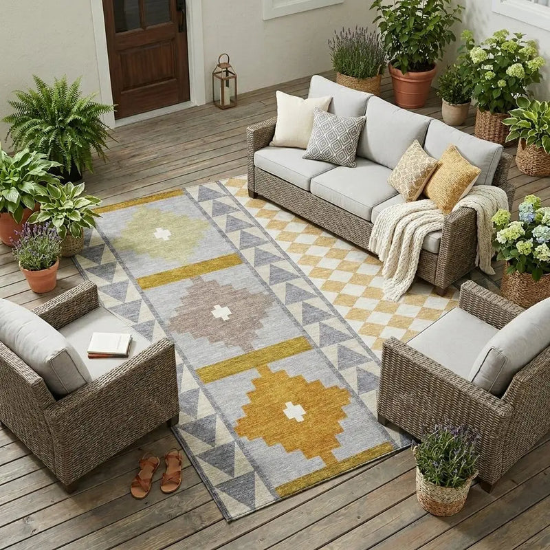 8' X 10' Gray And Beige Southwestern Washable Indoor Outdoor Area Rug Homeroots Outdoor