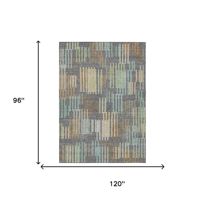 8' X 10' Gray And Fern Green Striped Washable Indoor Outdoor Area Rug Homeroots Outdoor