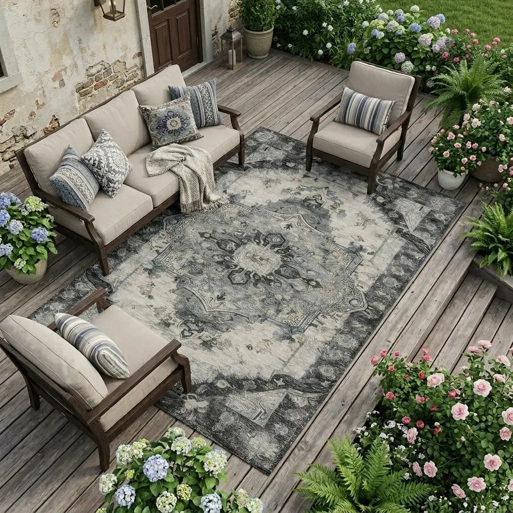 8' X 10' Gray And Graphite Floral Medallion Washable Indoor Outdoor Area Rug Homeroots Outdoor