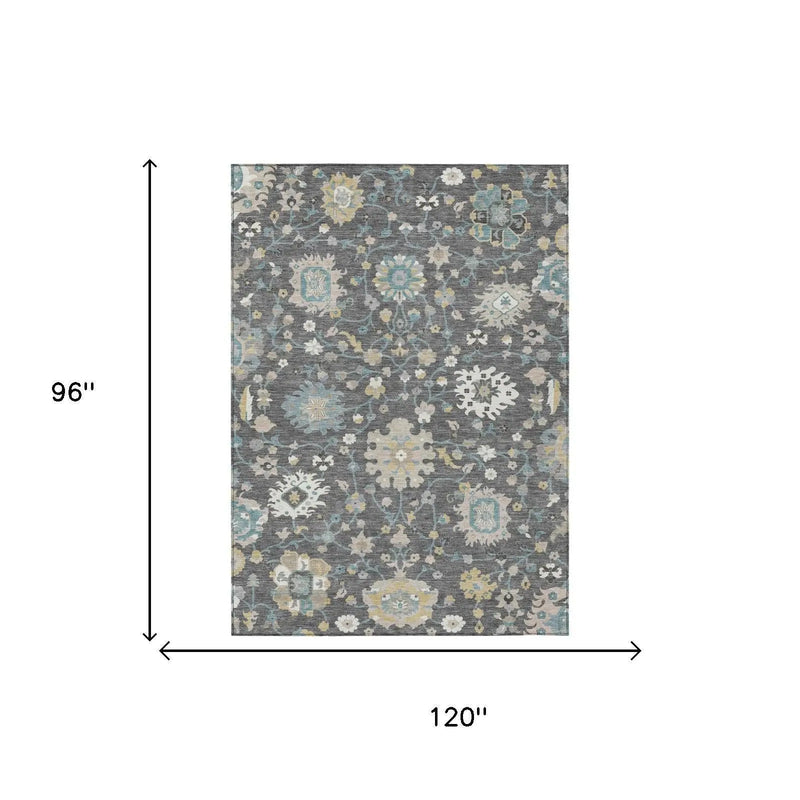 8' X 10' Gray And Graphite Floral Washable Indoor Outdoor Area Rug Homeroots Outdoor