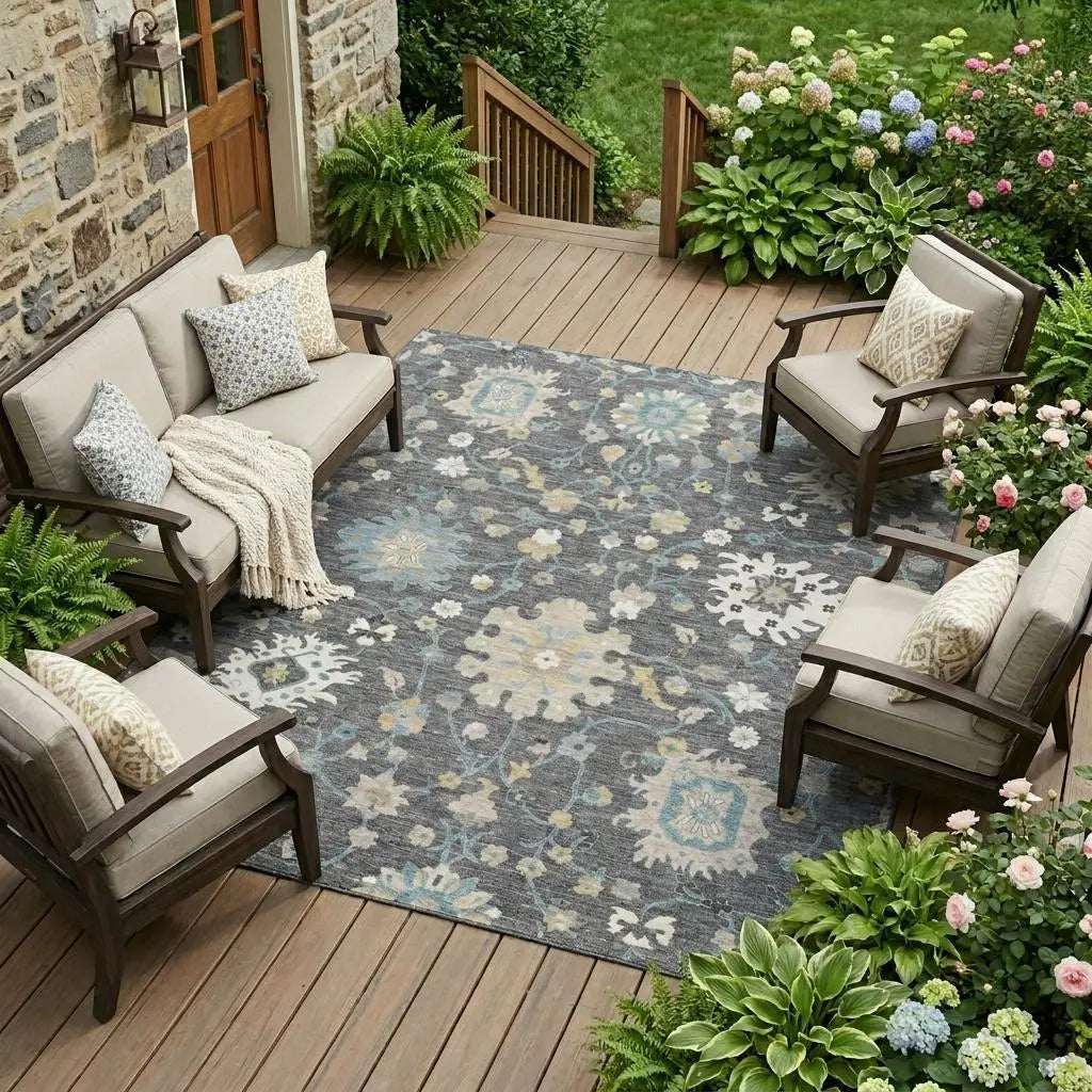8' X 10' Gray And Graphite Floral Washable Indoor Outdoor Area Rug Homeroots Outdoor