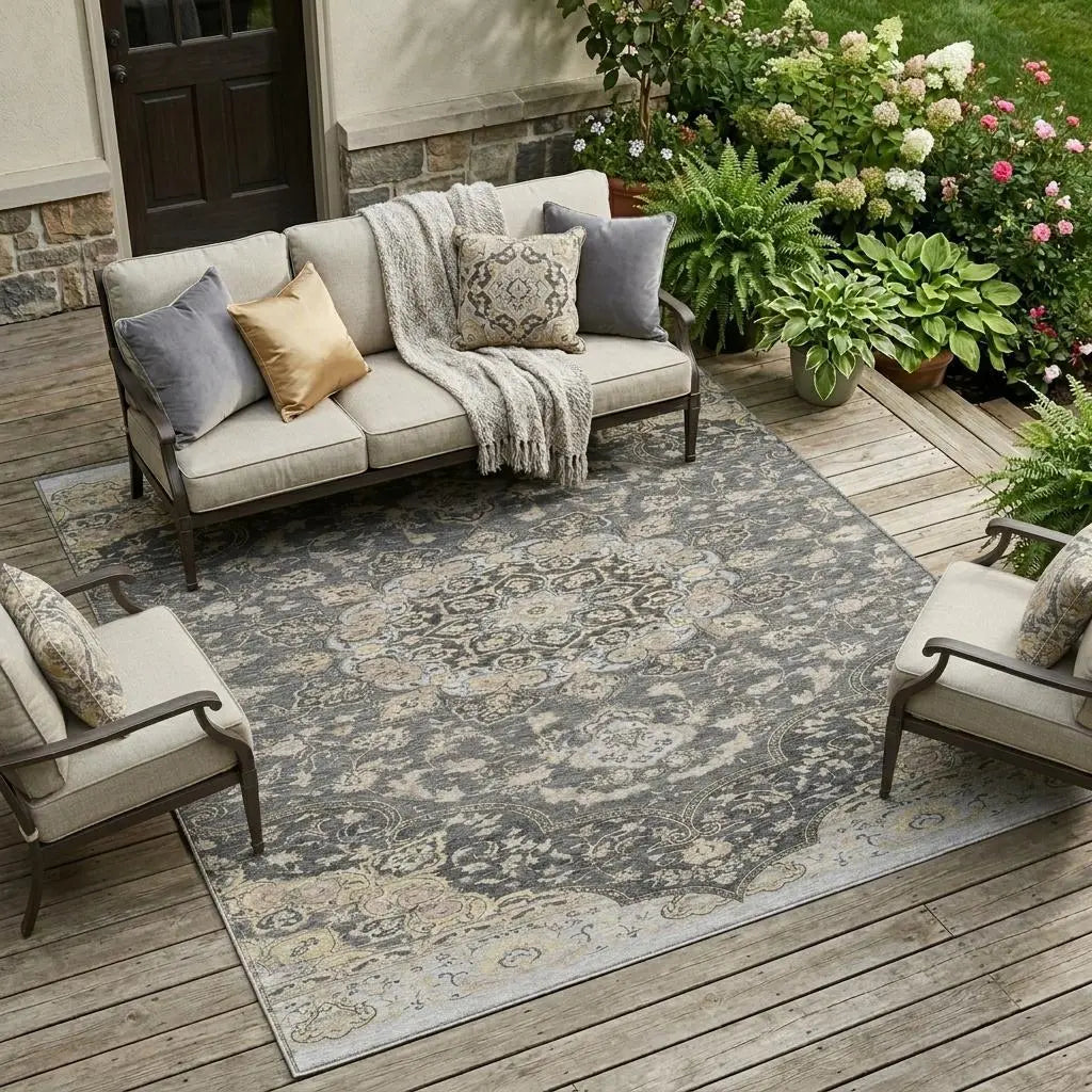 8' X 10' Gray And Graphite Oriental Washable Indoor Outdoor Area Rug Homeroots Outdoor