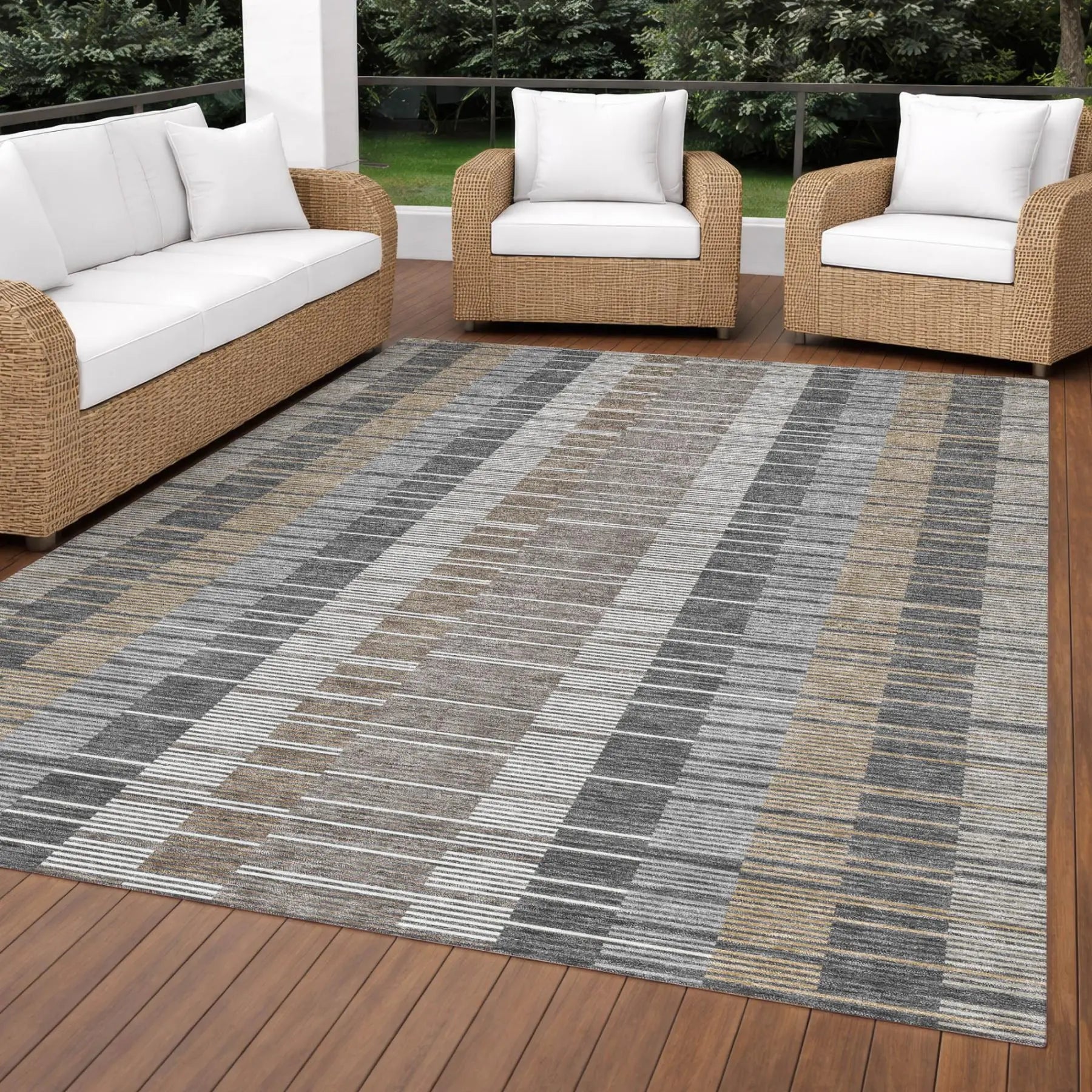 8' X 10' Gray And Graphite Striped Washable Indoor Outdoor Area Rug Homeroots Outdoor