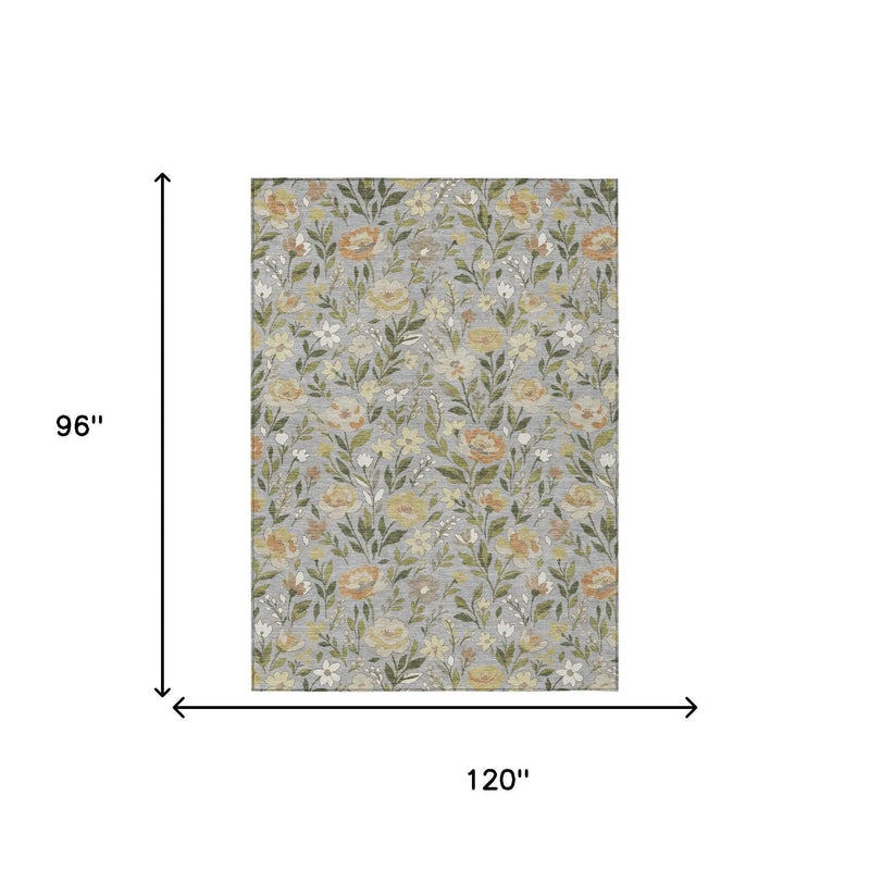 8' X 10' Gray And Green Floral Washable Indoor Outdoor Area Rug Homeroots Outdoor