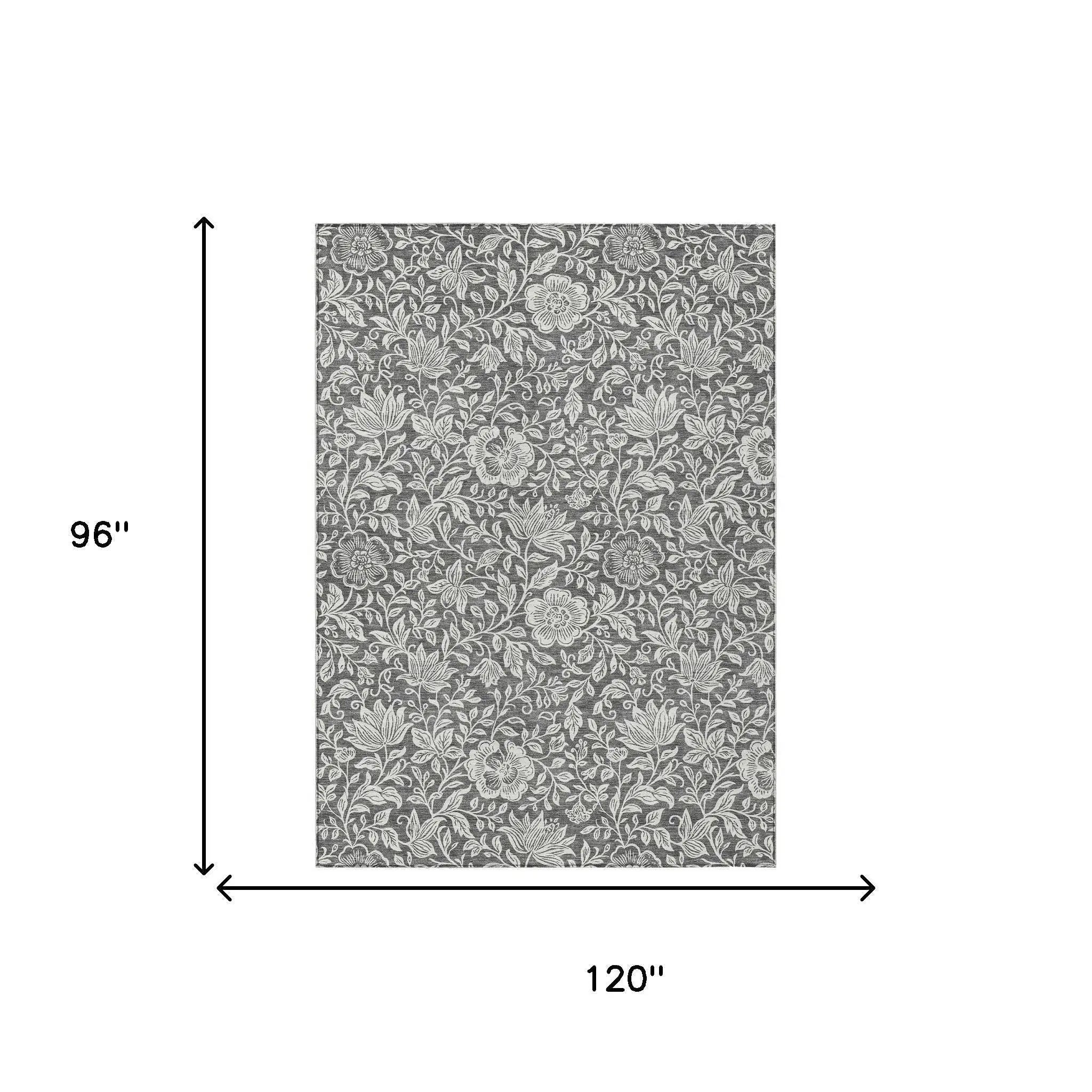 8' X 10' Gray And Ivory Floral Washable Indoor Outdoor Area Rug Homeroots Outdoor