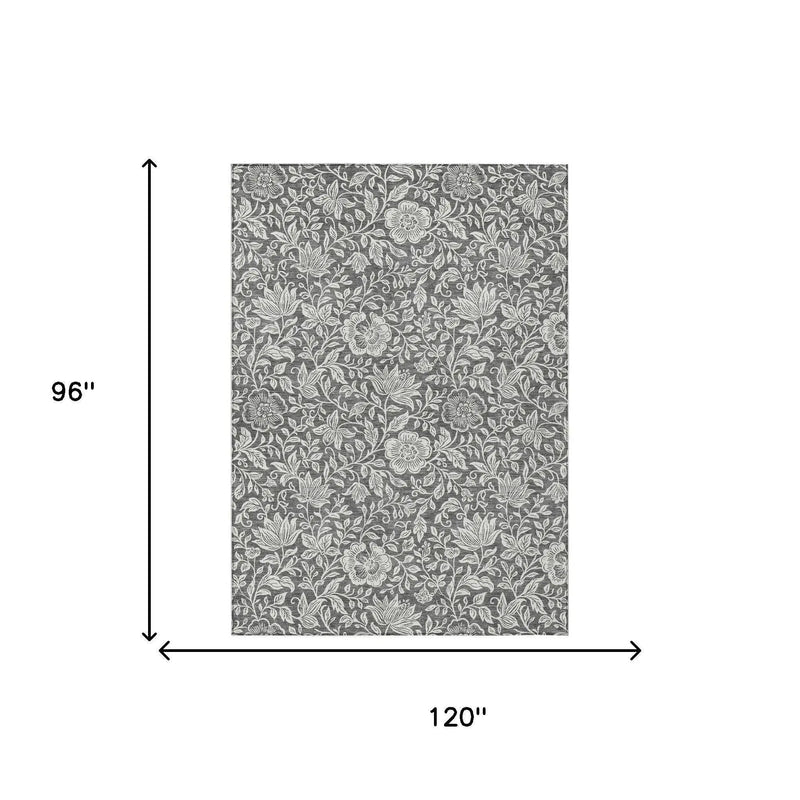 8' X 10' Gray And Ivory Floral Washable Indoor Outdoor Area Rug Homeroots Outdoor