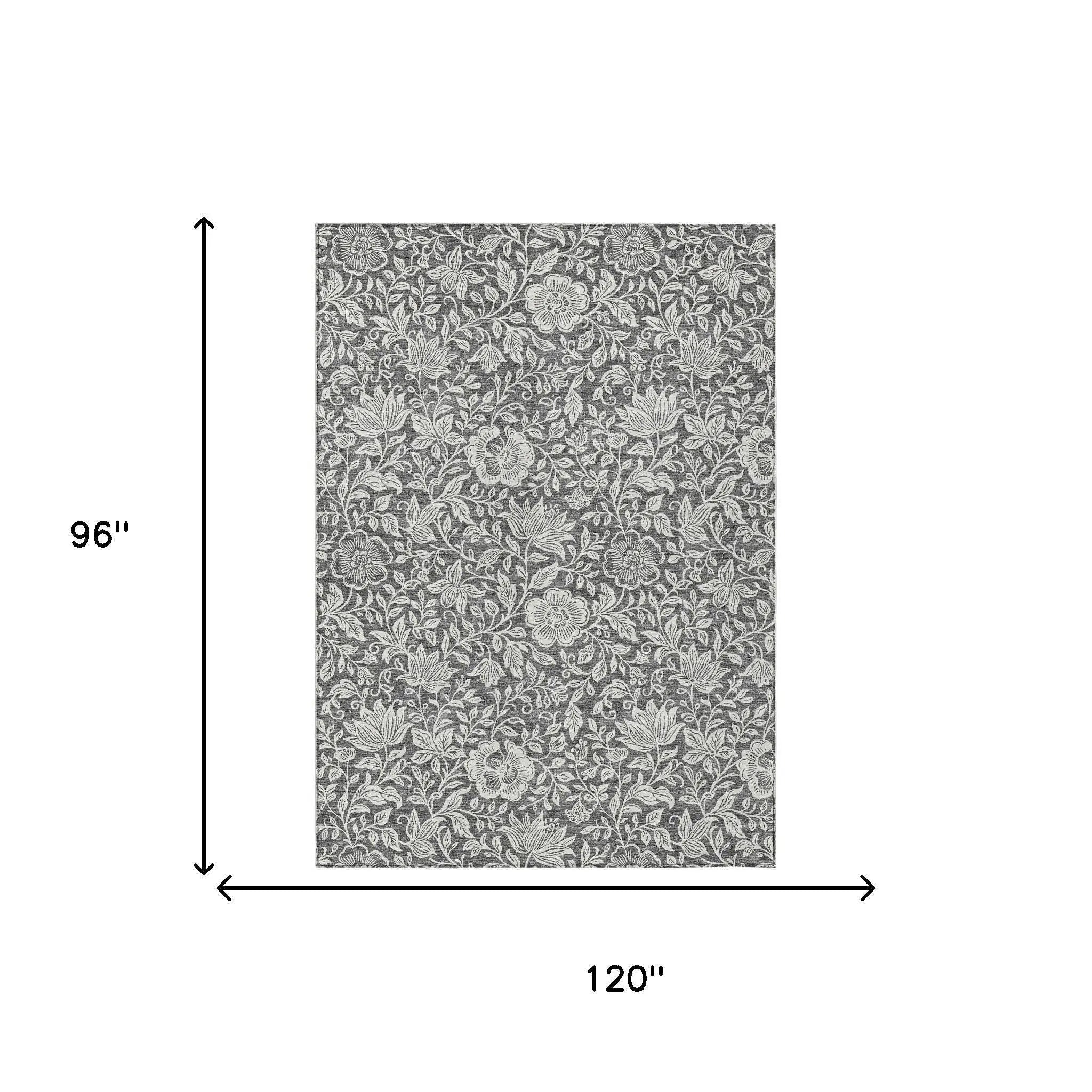 8' X 10' Gray And Ivory Floral Washable Indoor Outdoor Area Rug Homeroots Outdoor