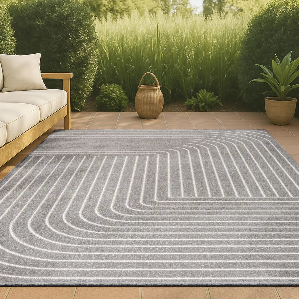 8' X 10' Gray And Ivory Striped Indoor Outdoor Area Rug Homeroots Outdoor
