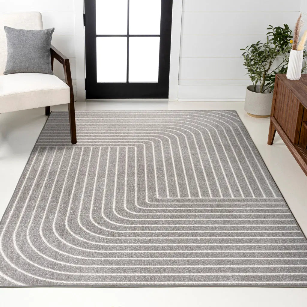 8' X 10' Gray And Ivory Striped Indoor Outdoor Area Rug Homeroots Outdoor
