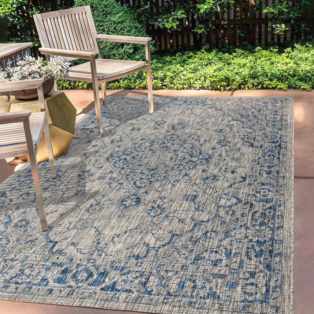 8' X 10' Gray And Navy Blue Medallion Indoor Outdoor Area Rug Homeroots Outdoor