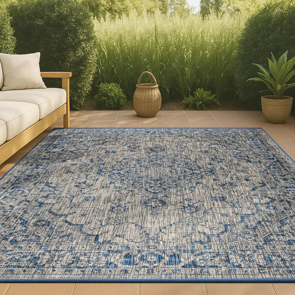 8' X 10' Gray And Navy Blue Medallion Indoor Outdoor Area Rug Homeroots Outdoor