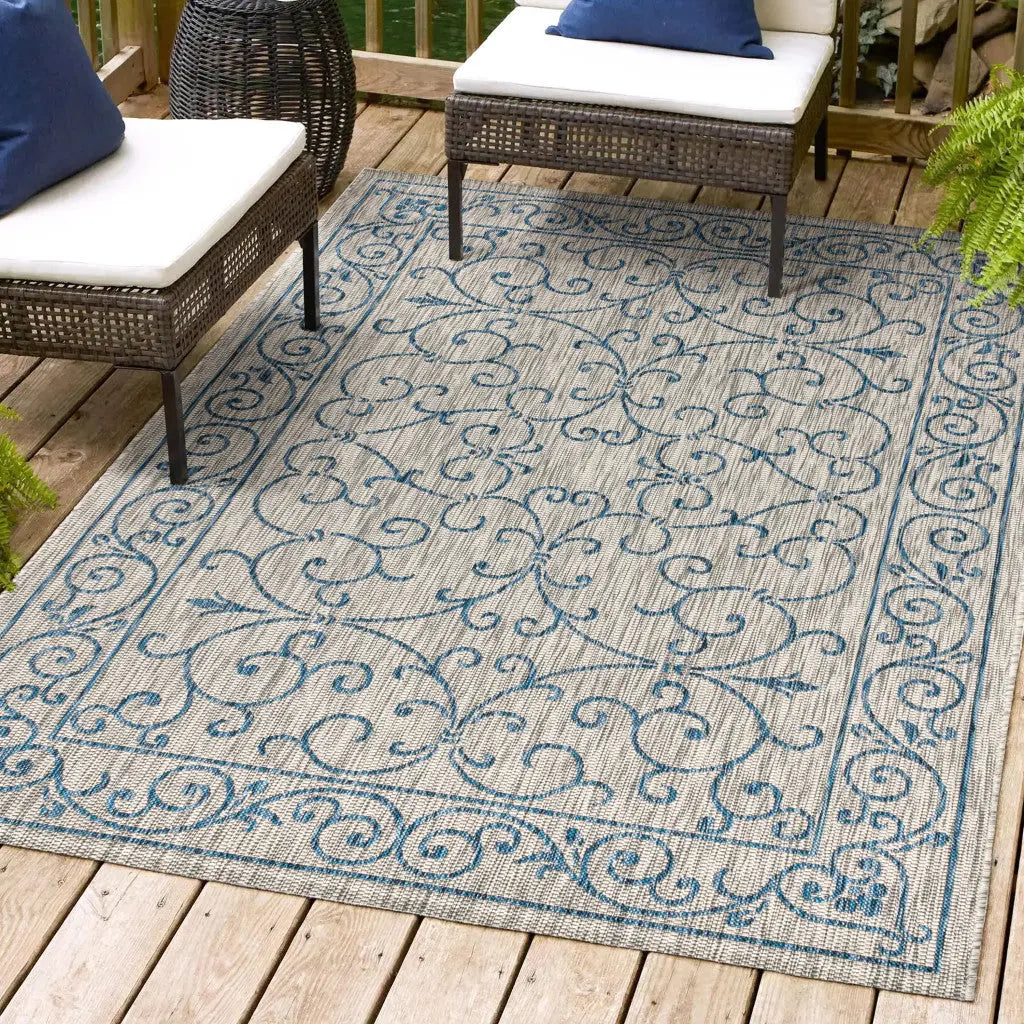 8' X 10' Gray And Navy Blue Medallion Indoor Outdoor Area Rug Homeroots Outdoor