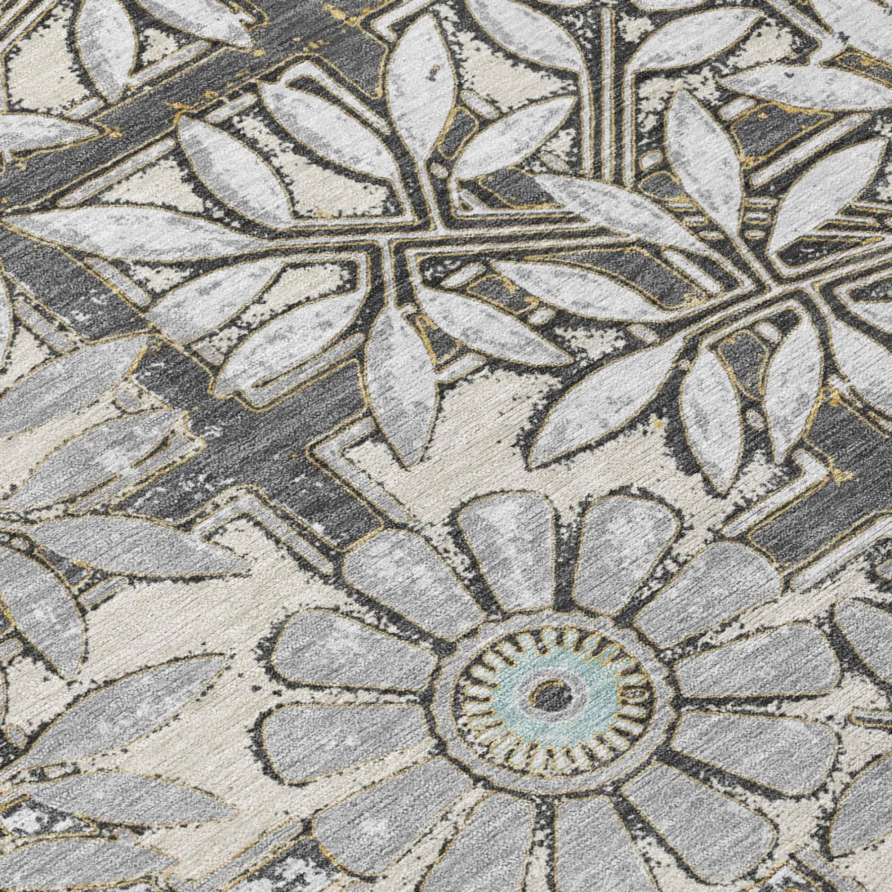 Gray and cream floral area rug with gold accents, machine-made, contemporary design for modern decor.