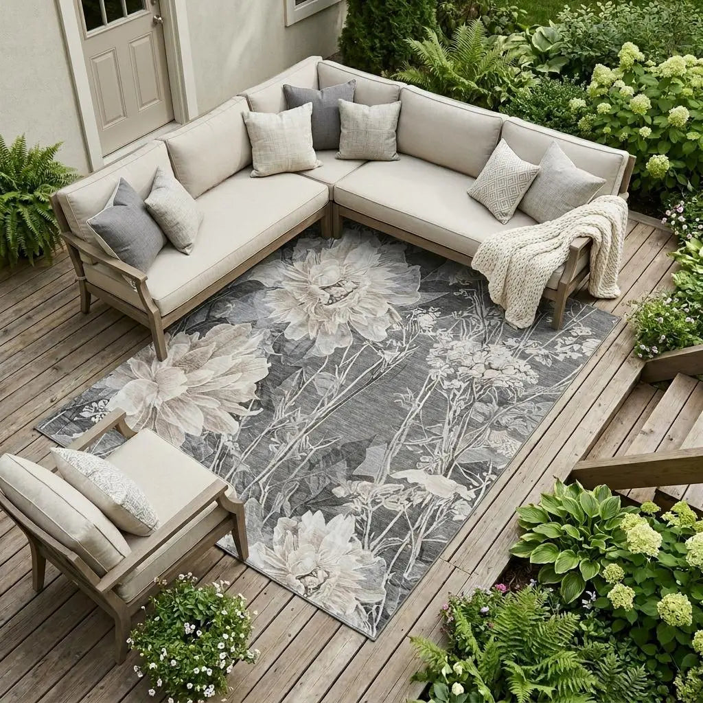 8' X 10' Gray And Silver Floral Washable Indoor Outdoor Area Rug Homeroots Outdoor