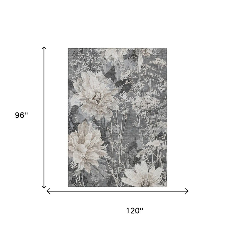 8' X 10' Gray And Silver Floral Washable Indoor Outdoor Area Rug Homeroots Outdoor