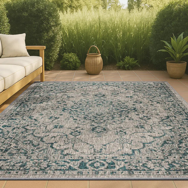 8' X 10' Gray And Teal Blue Medallion Indoor Outdoor Area Rug Homeroots Outdoor