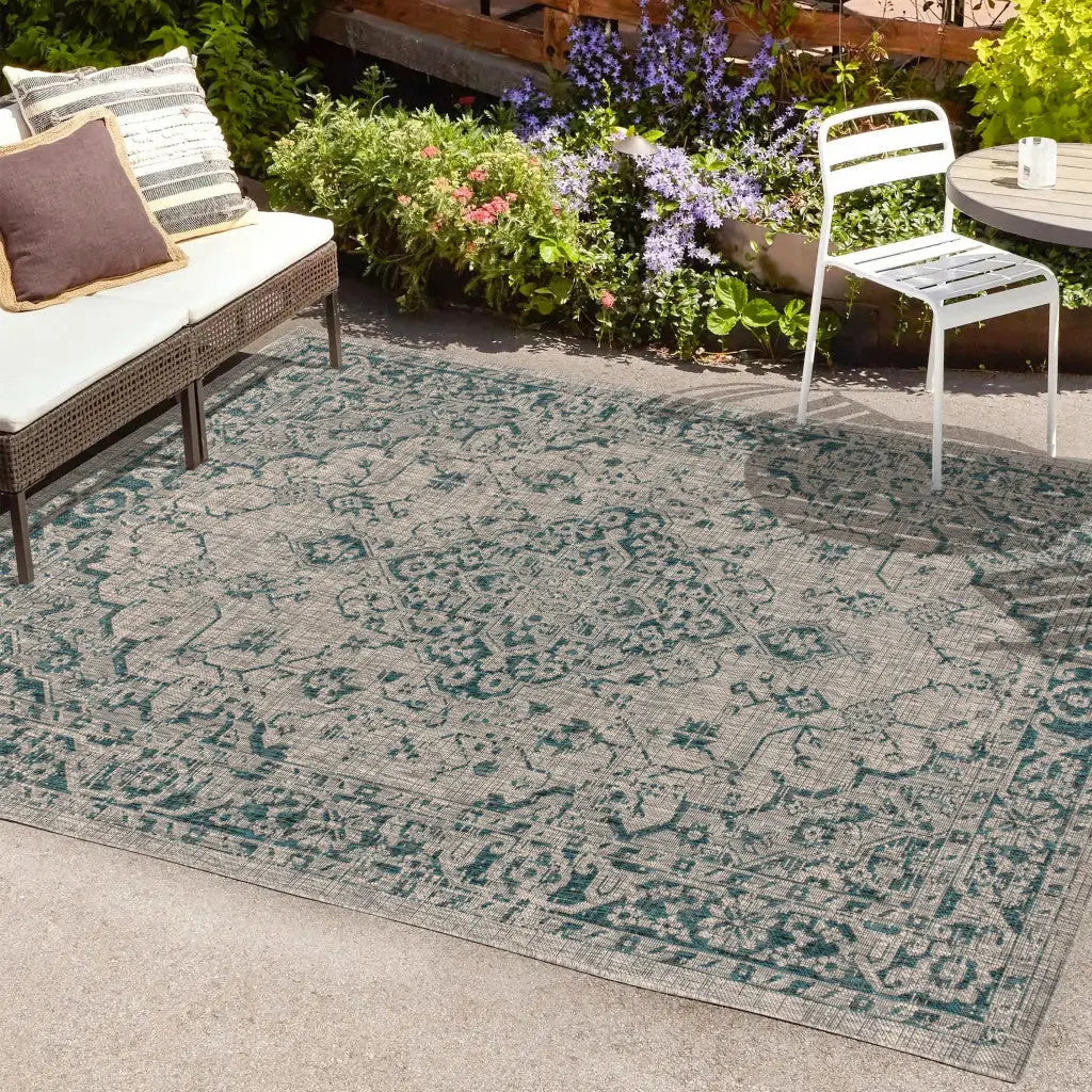 8' X 10' Gray And Teal Blue Medallion Indoor Outdoor Area Rug Homeroots Outdoor
