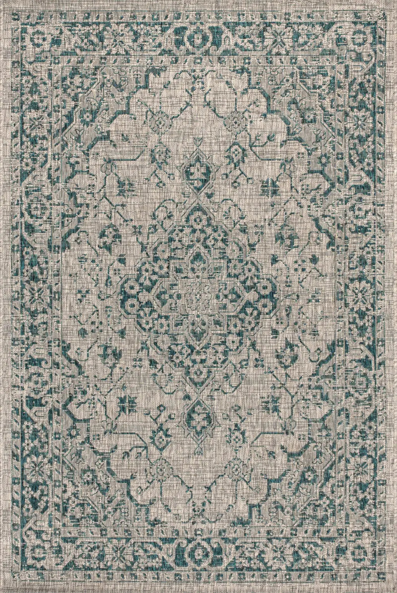 8' X 10' Gray And Teal Blue Medallion Indoor Outdoor Area Rug Homeroots Outdoor