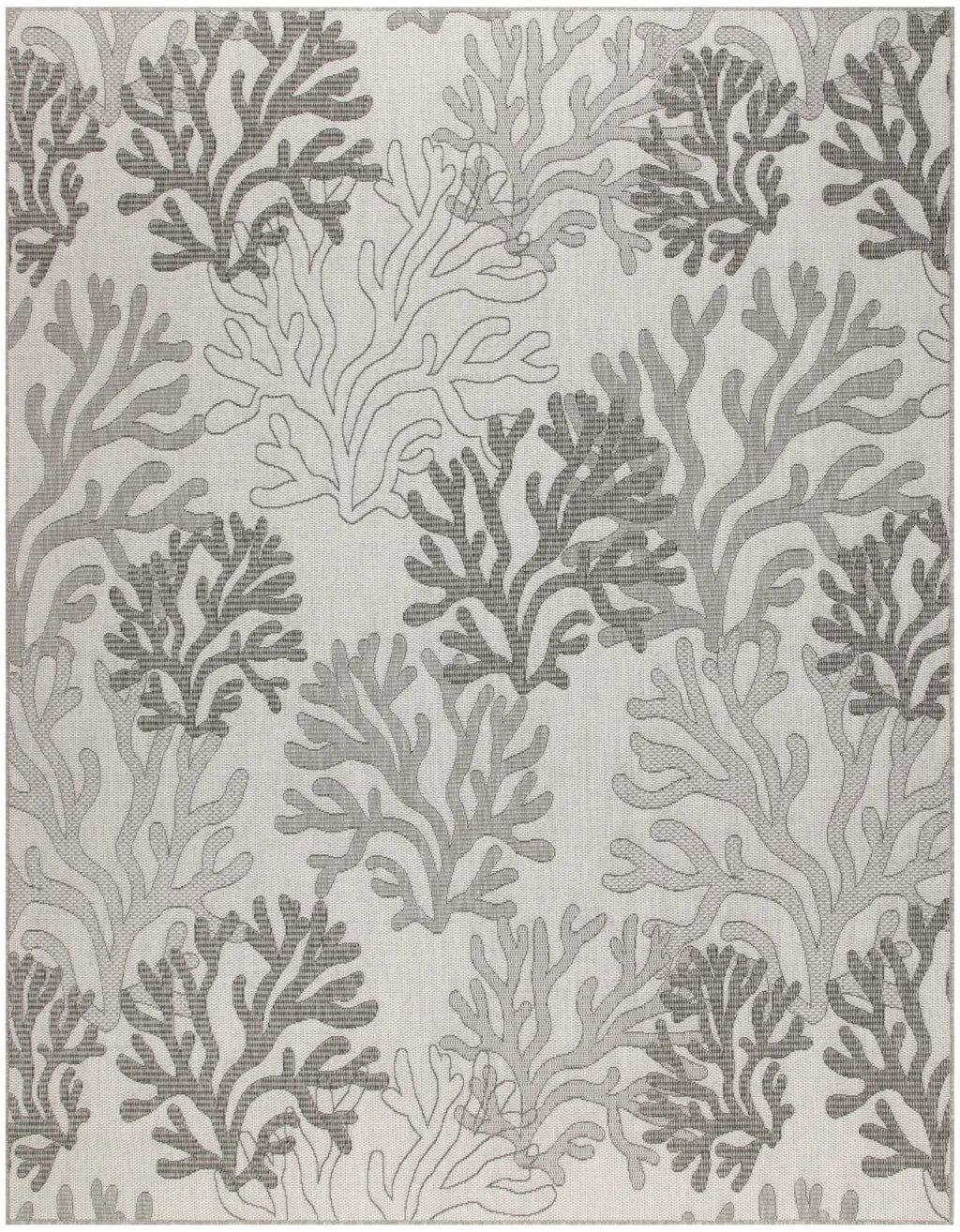 Gray and white coral pattern rug, made of durable woven fabric, perfect for coastal or modern decor.