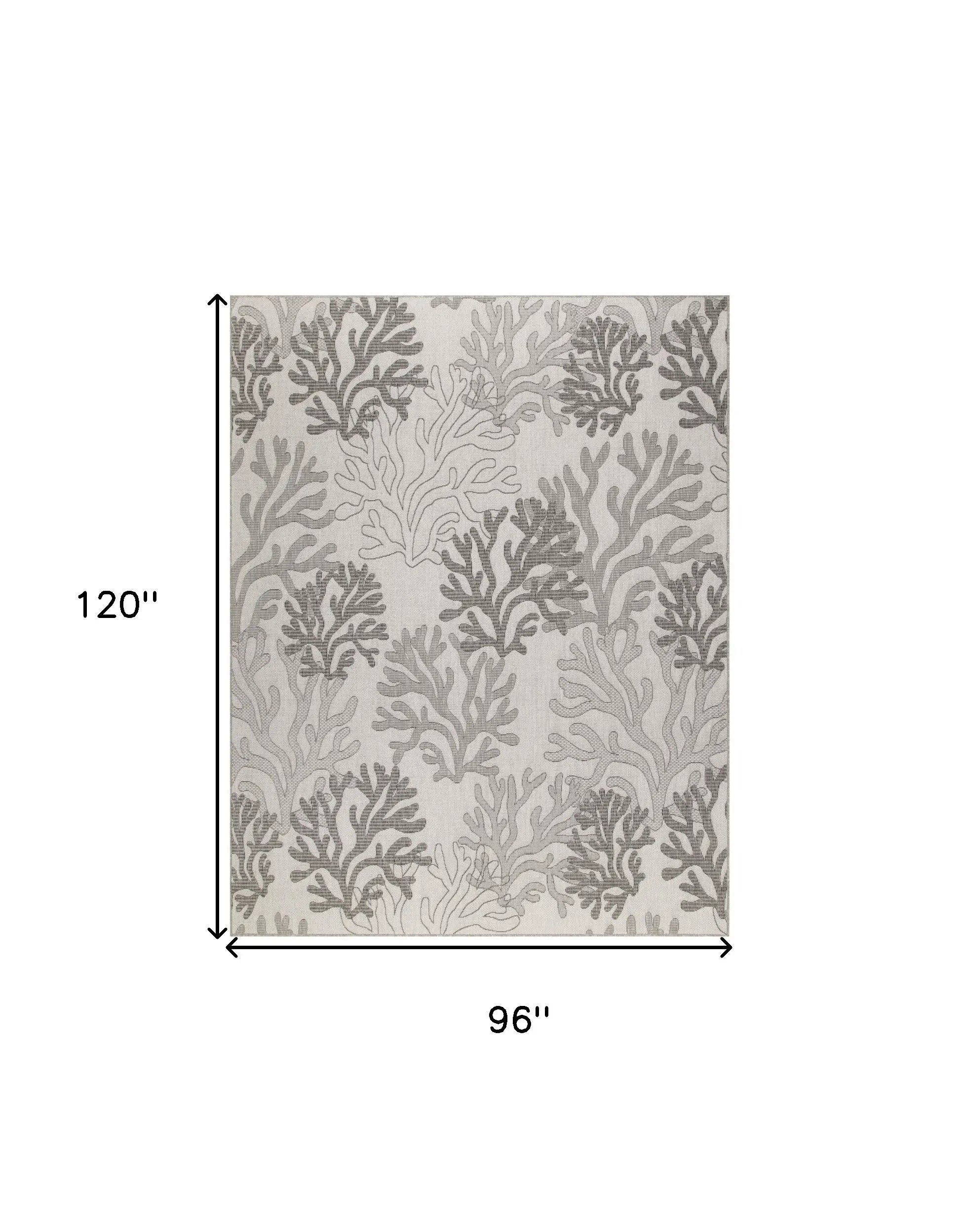Gray and cream coral-patterned area rug, 96"x120", soft fabric, modern coastal decor style.