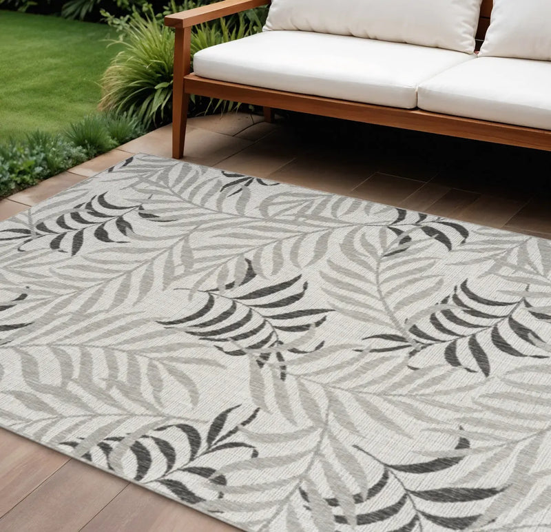 8' X 10' Gray Black And Ivory Palm Leaf Indoor Outdoor Area Rug Homeroots Outdoor