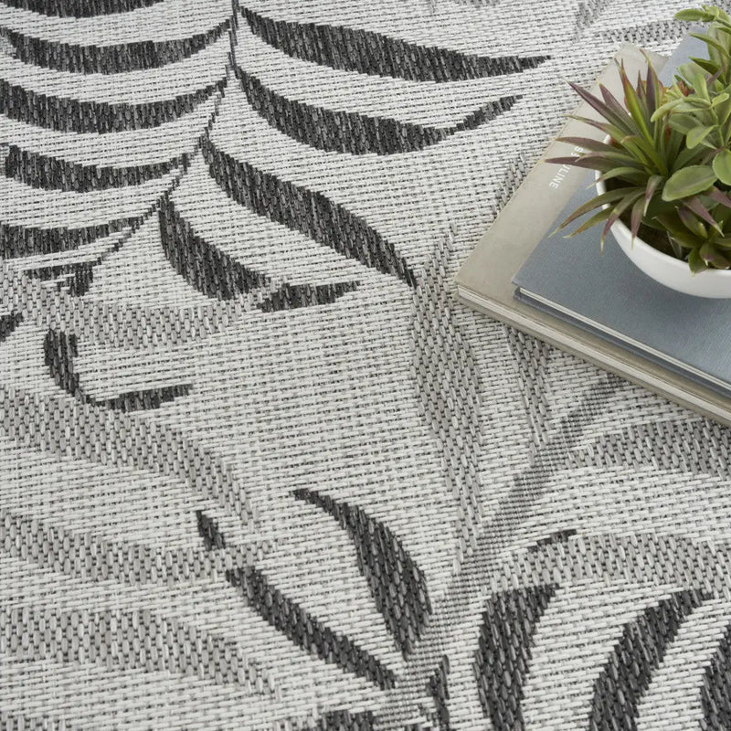 8' X 10' Gray Black And Ivory Palm Leaf Indoor Outdoor Area Rug Homeroots Outdoor