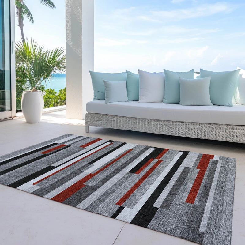 8' X 10' Gray Black And Red Striped Washable Indoor Outdoor Area Rug Homeroots Outdoor