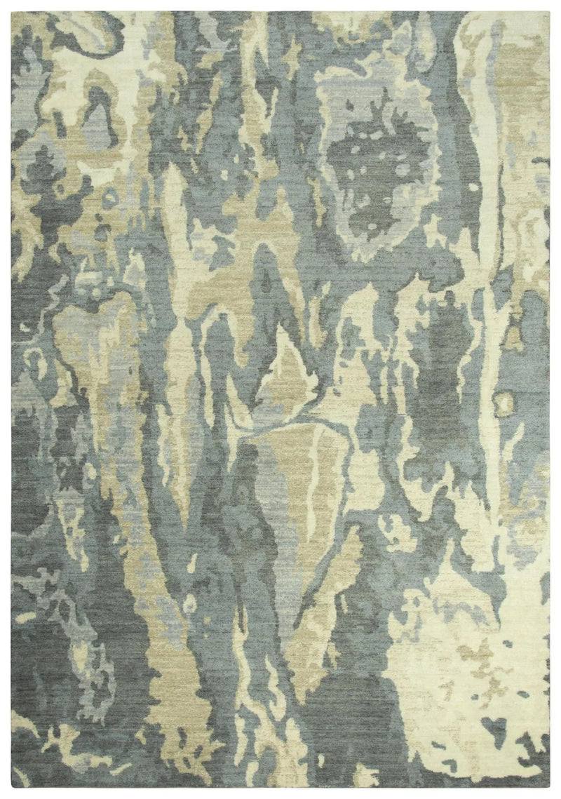 8' X 10' Gray Cream Yellow And Teal New Zealand Lambs Wool Abstract Hand Carved Handmade Area Rug Homeroots Home Decor
