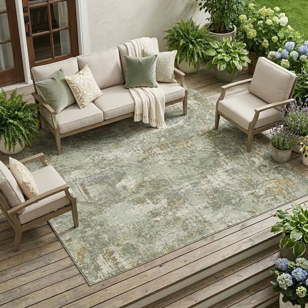 8' X 10' Green And Beige Abstract Washable Indoor Outdoor Area Rug Homeroots Outdoor