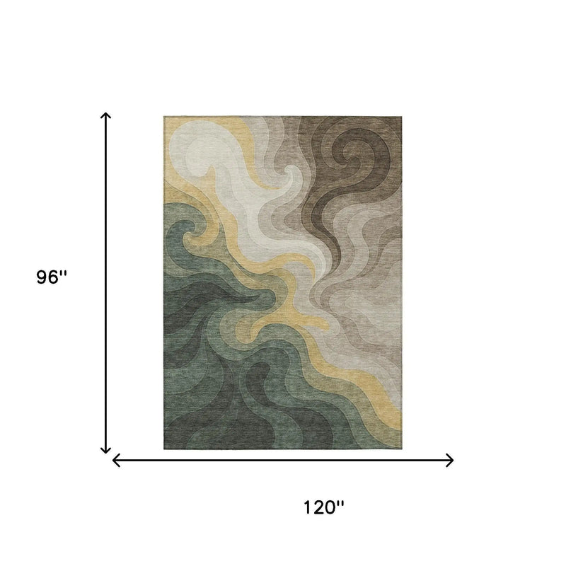 8' X 10' Green And Beige Abstract Washable Indoor Outdoor Area Rug Homeroots Outdoor