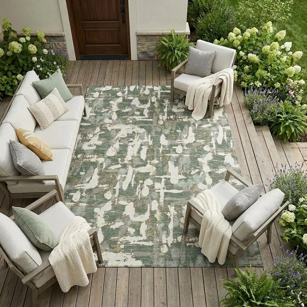 8' X 10' Green And Beige Abstract Washable Indoor Outdoor Area Rug Homeroots Outdoor