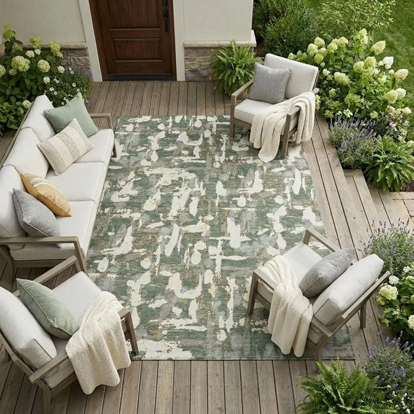 8' X 10' Green And Beige Abstract Washable Indoor Outdoor Area Rug Homeroots Outdoor