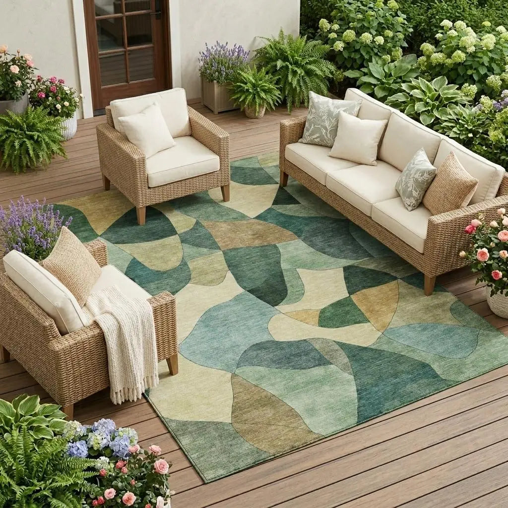 8' X 10' Green And Beige Abstract Washable Indoor Outdoor Area Rug Homeroots Outdoor