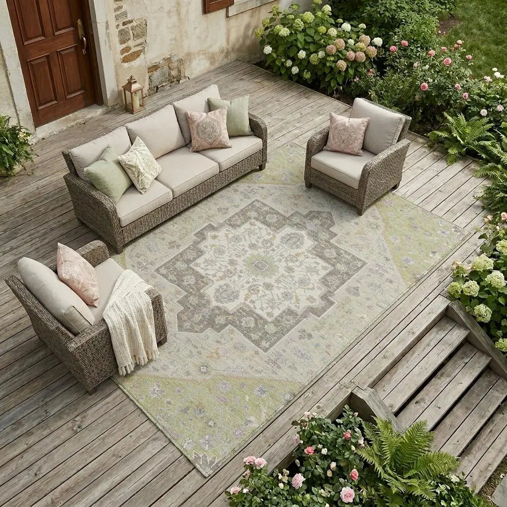 8' X 10' Green And Beige Floral Medallion Washable Indoor Outdoor Area Rug Homeroots Outdoor