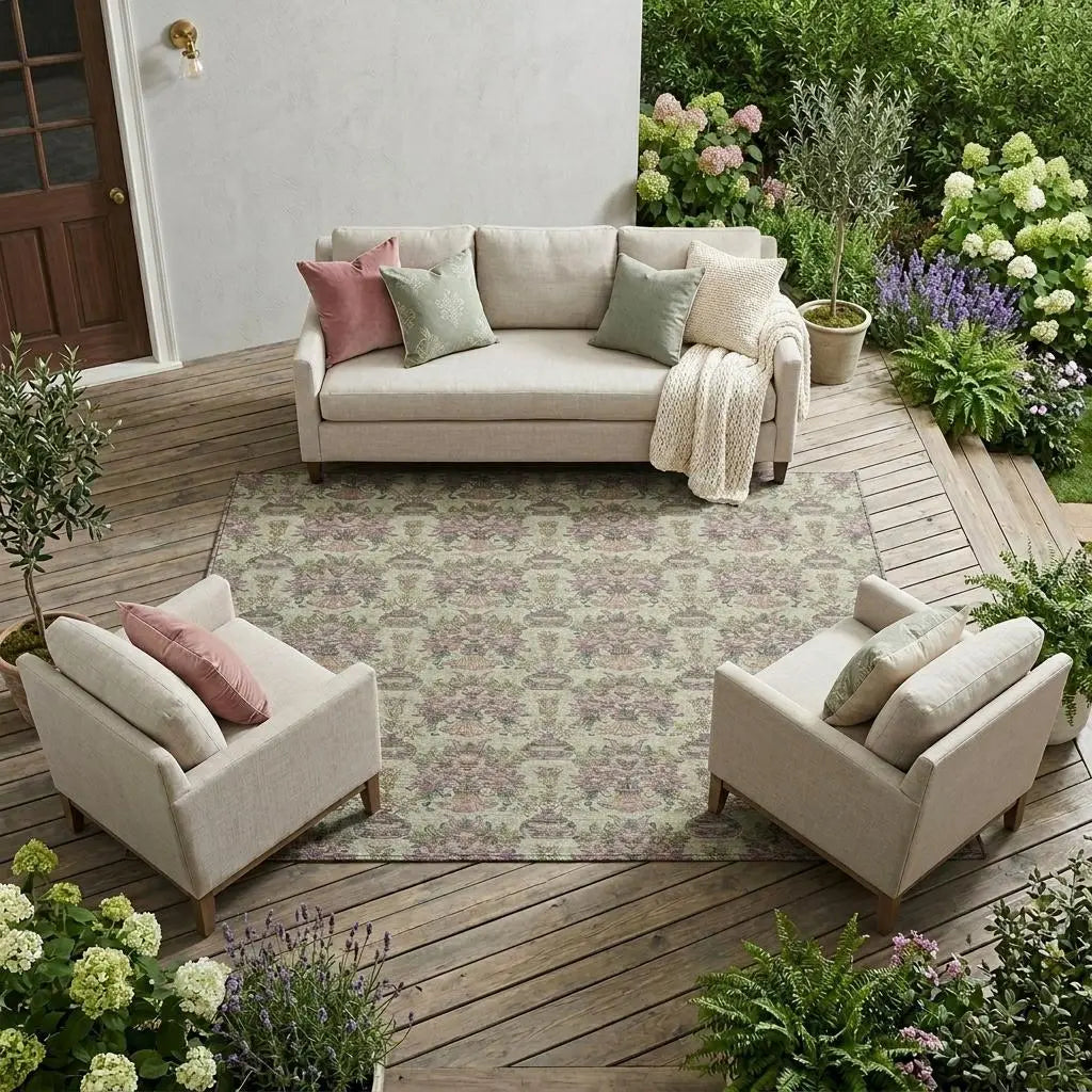 8' X 10' Green And Beige Floral Washable Indoor Outdoor Area Rug Homeroots Outdoor