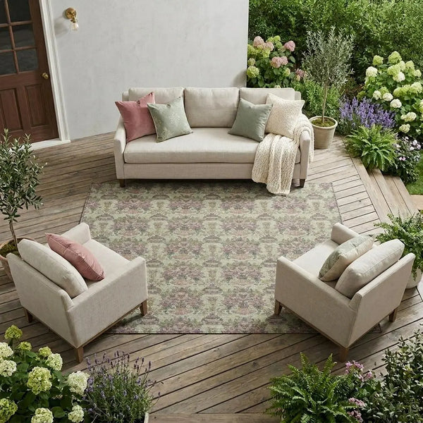 8' X 10' Green And Beige Floral Washable Indoor Outdoor Area Rug Homeroots Outdoor
