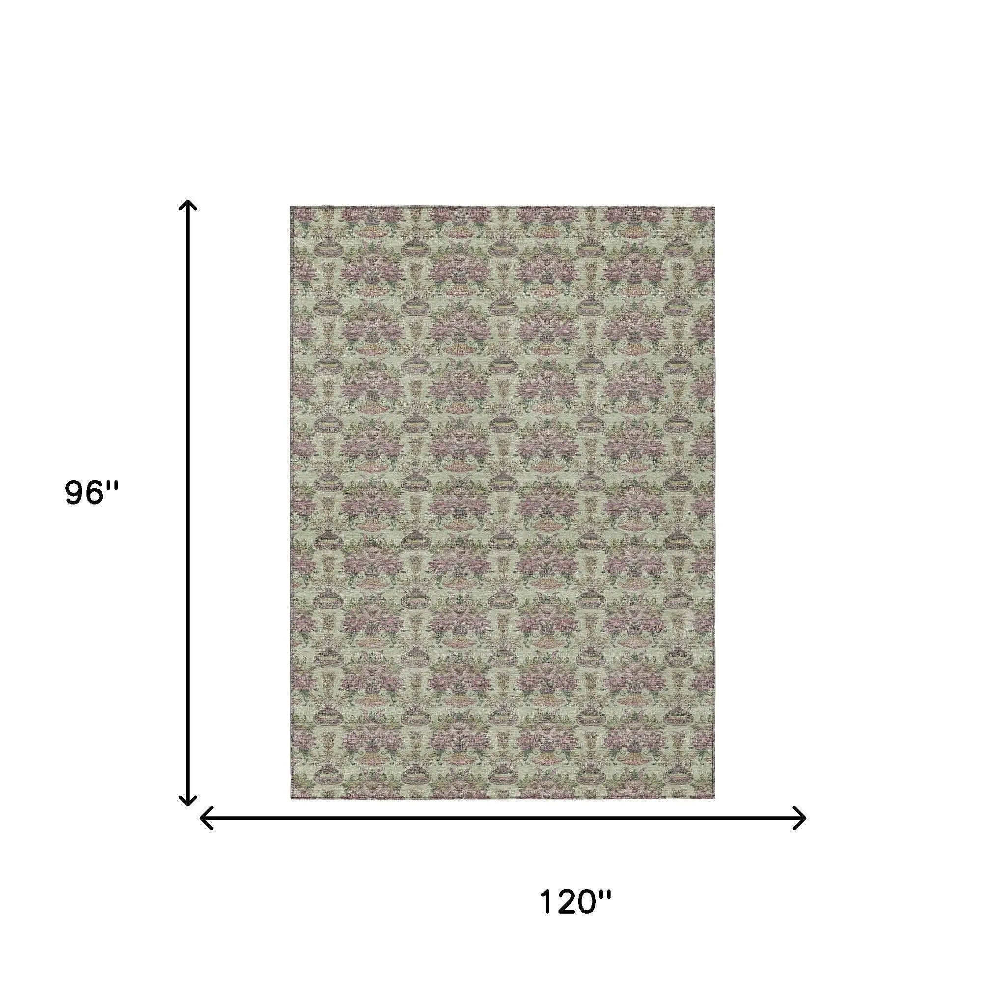 8' X 10' Green And Beige Floral Washable Indoor Outdoor Area Rug Homeroots Outdoor