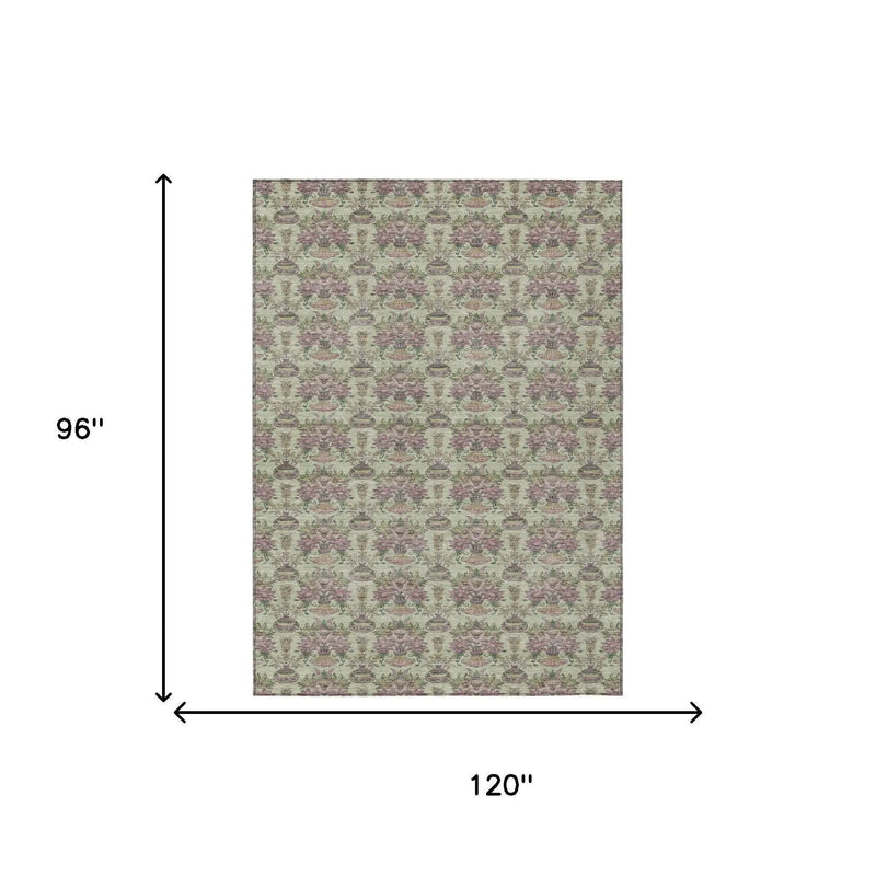 8' X 10' Green And Beige Floral Washable Indoor Outdoor Area Rug Homeroots Outdoor