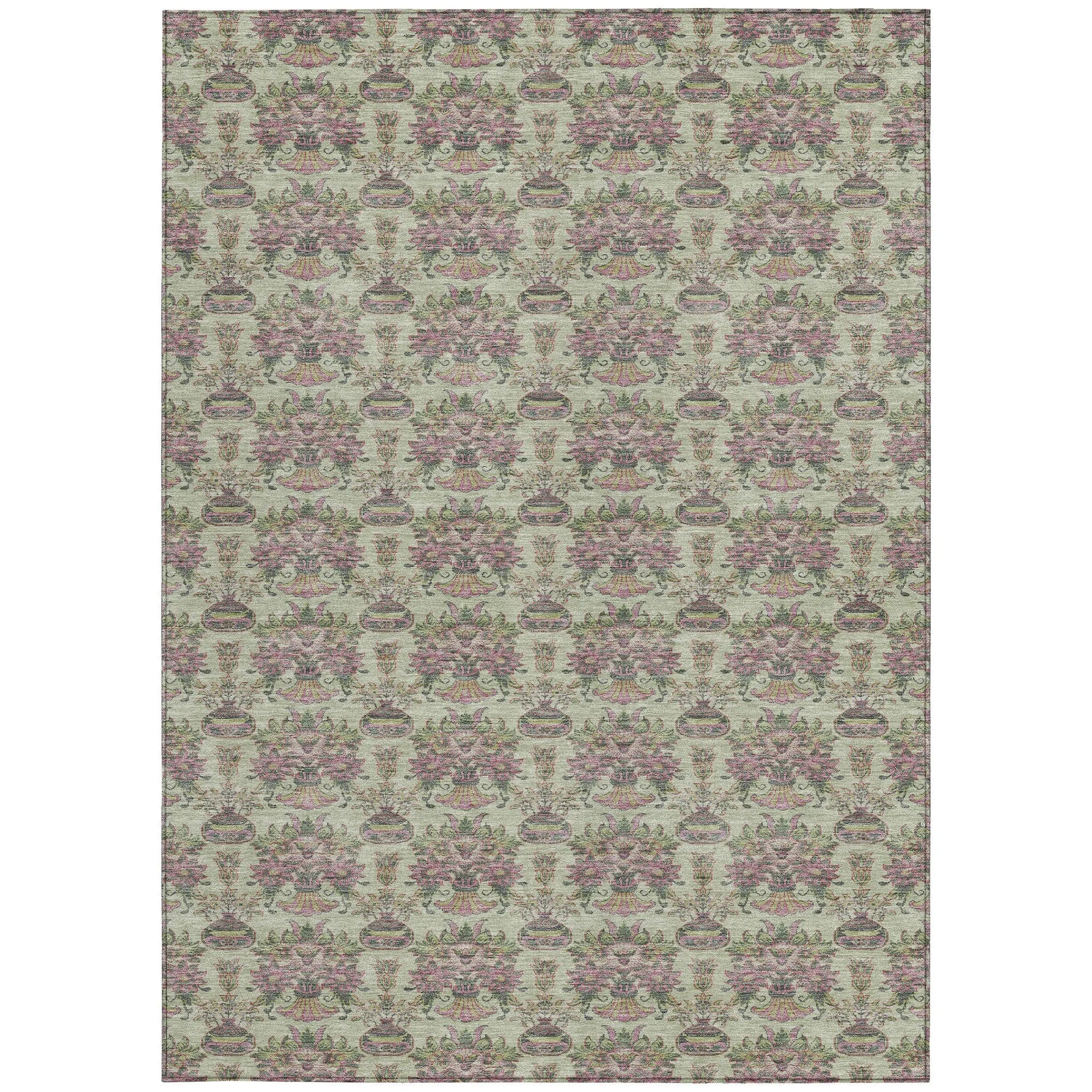 8' X 10' Green And Beige Floral Washable Indoor Outdoor Area Rug Homeroots Outdoor