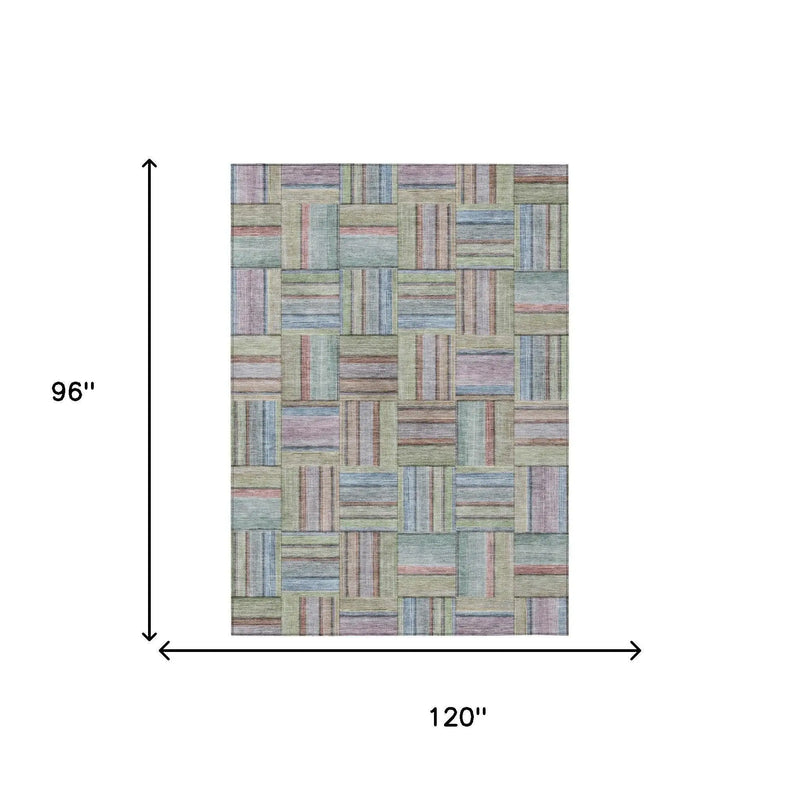 8' X 10' Green And Beige Geometric Washable Indoor Outdoor Area Rug Homeroots Outdoor