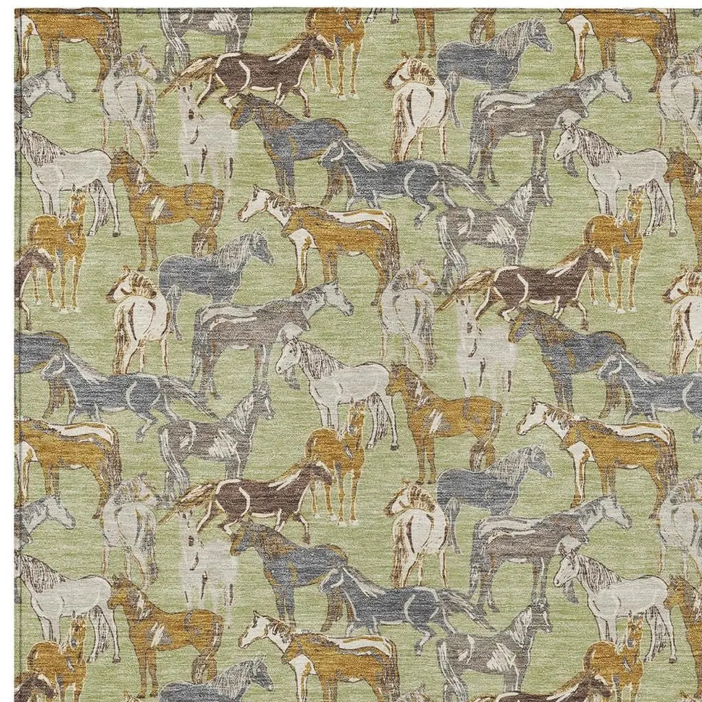 8' X 10' Green And Beige Horse Washable Indoor Outdoor Area Rug Homeroots Outdoor