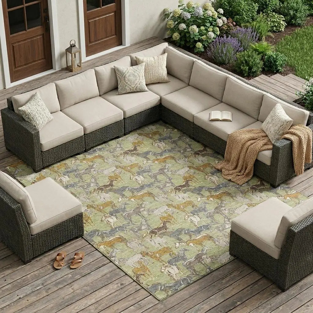 8' X 10' Green And Beige Horse Washable Indoor Outdoor Area Rug Homeroots Outdoor