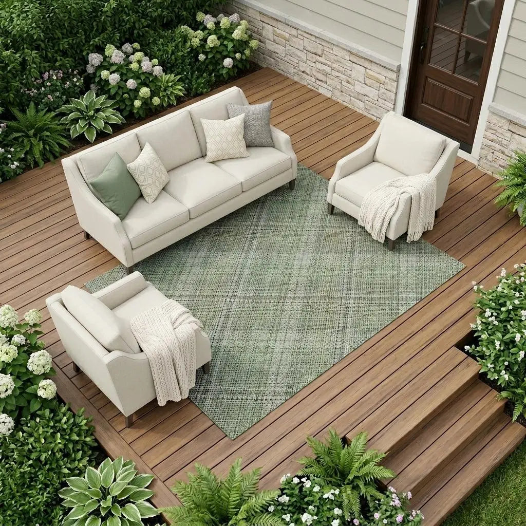8' X 10' Green And Beige Plaid Washable Indoor Outdoor Area Rug Homeroots Outdoor