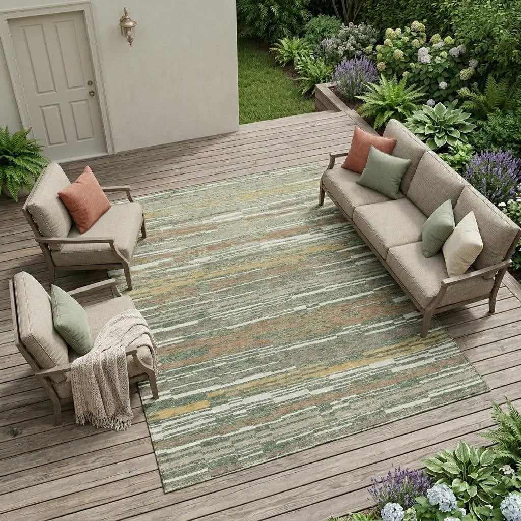 8' X 10' Green And Beige Striped Washable Indoor Outdoor Area Rug Homeroots Outdoor