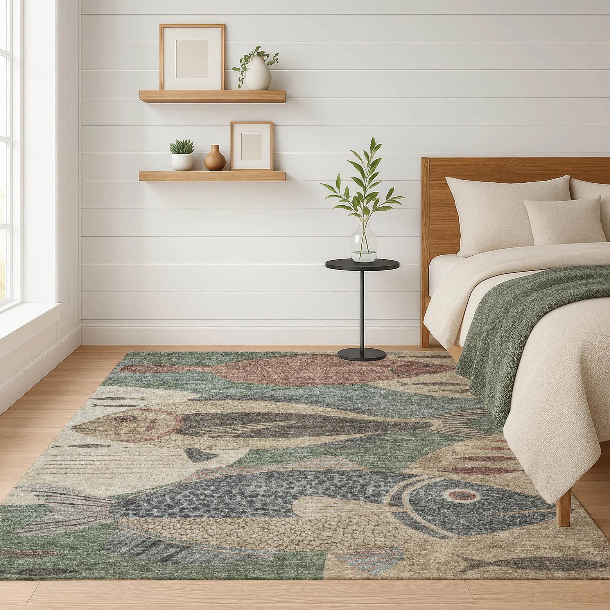 8' X 10' Green And Beige Tropical Fish Washable Indoor Outdoor Area Rug Homeroots Outdoor