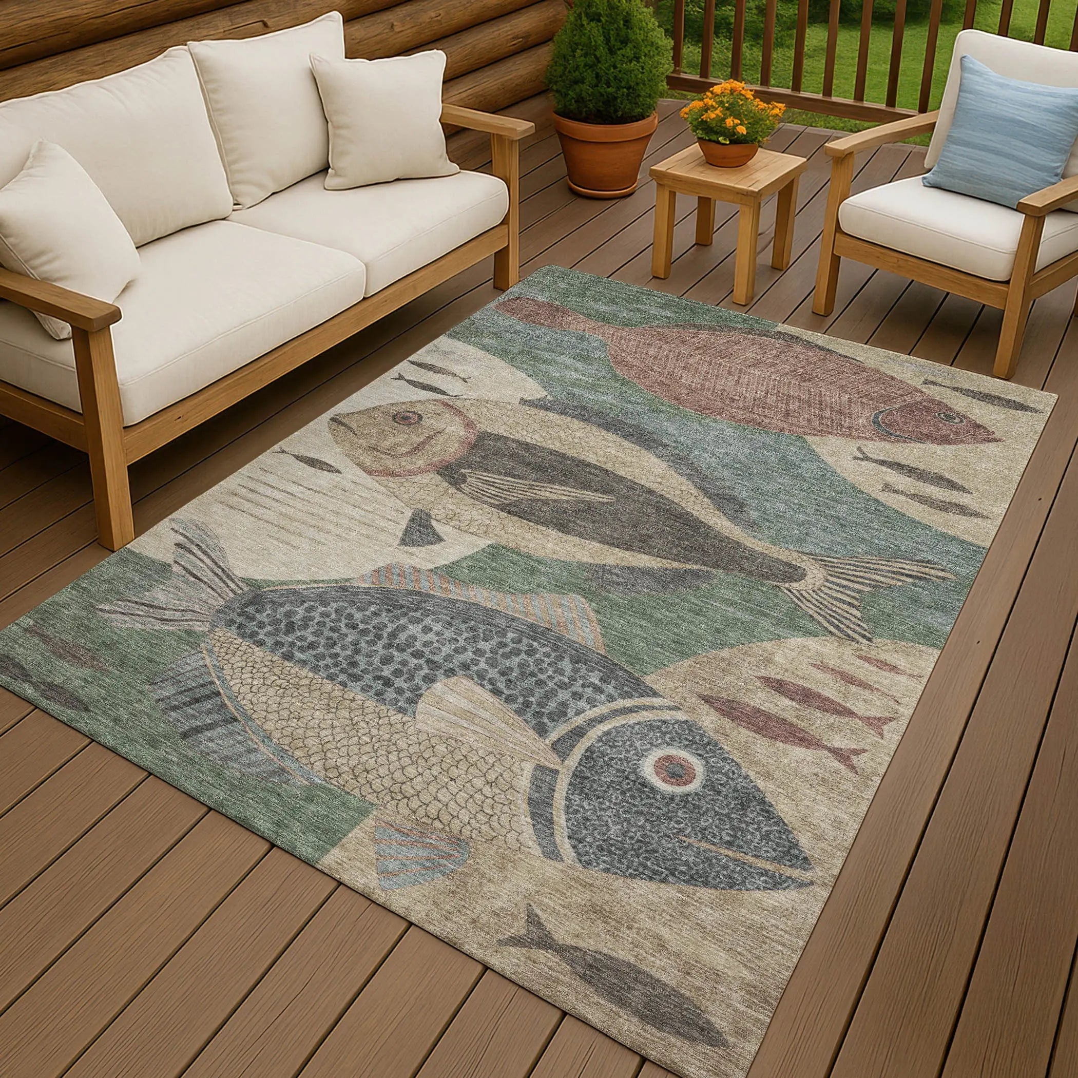 8' X 10' Green And Beige Tropical Fish Washable Indoor Outdoor Area Rug Homeroots Outdoor
