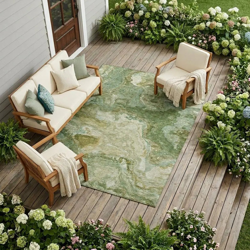 8' X 10' Green And Brown Abstract Washable Indoor Outdoor Area Rug Homeroots Outdoor